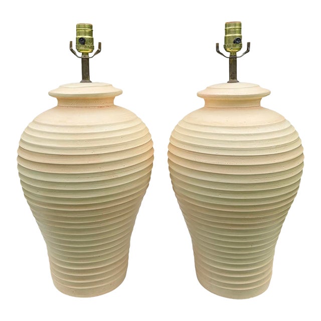 Vintage Ribbed Ceramic Table Lamps – Pair For Sale