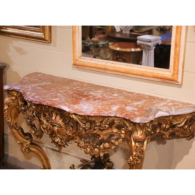 French Early 19th Century French Louis XV Rococo Giltwood Console With Rouge Marble Top For Sale - Image 3 of 18