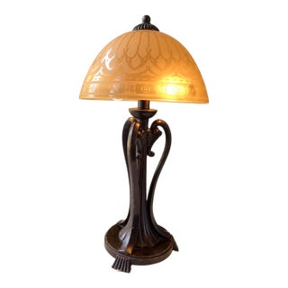 Vintage Art Deco Style Table Lamp, Ornate Dark Bronze Metal Base, Amber Glass Dome Shade, 24” Tall For Sale