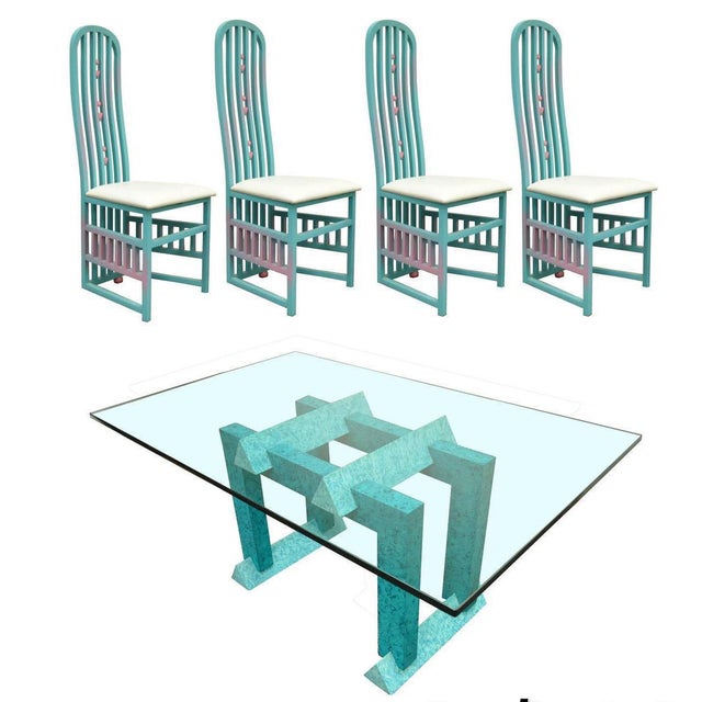 Vintage 1987 Memphis Style Blue And Pink Painted Dining Room Set