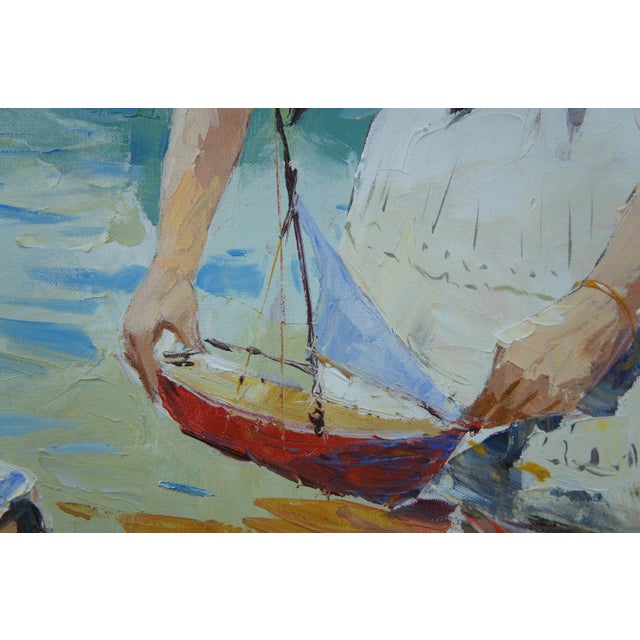 Textile Late 20th Century Impressionist Style Mother and Child on a Beach Oil Painting by Martha Cristel, Framed For Sale - Image 7 of 13