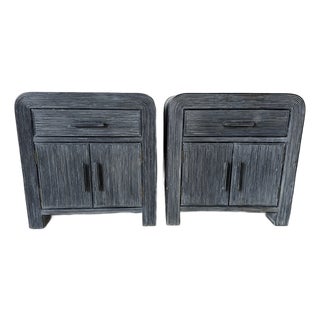 Vintage Coastal Pencil Reed Rattan Nightstands With Blackwashed Finish – Pair For Sale