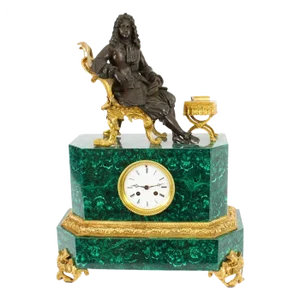 Antique 19th Century Malachite Ormolu & Bronze Mantel Clock