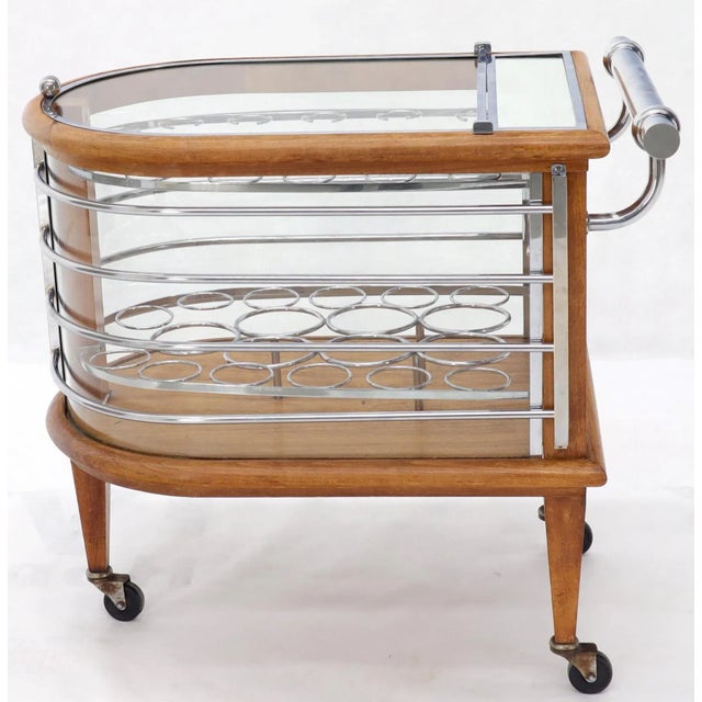 Mid 20th Century Art Deco Wood Chrome and Glass Serving Cart Bar on Wheels For Sale - Image 11 of 13