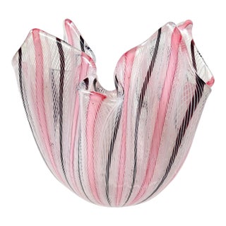 Vintage Venini Bianconi Murano Pink White Italian Art Glass Fazzoletto Handkerchief Vase Mid Century Era For Sale
