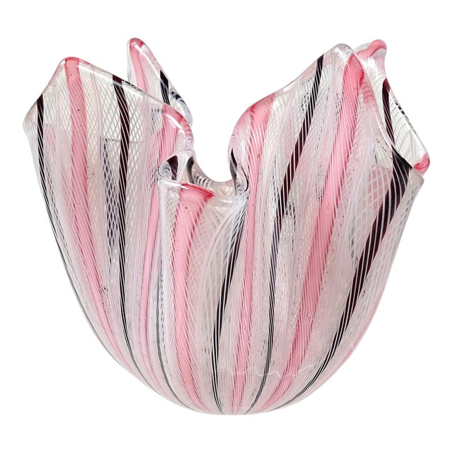 Vintage Venini Bianconi Murano Pink White Italian Art Glass Fazzoletto Handkerchief Vase Mid Century Era For Sale