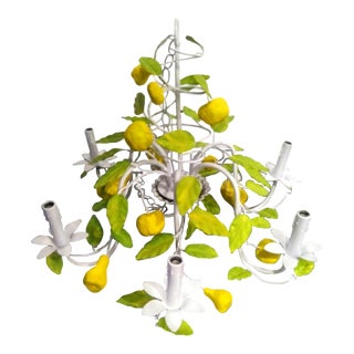 Italian Palm Beach Regency Handpainted Tole Lemon Leaf Fruit 6 Light Ceiling Chandelier For Sale