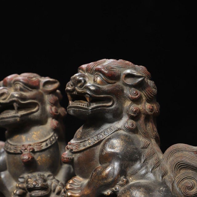 Pair of Vintage Chinese Gilt Bronze Foo Dogs – Buddhist Guardian Lions With Brocade Ball For Sale - Image 10 of 11