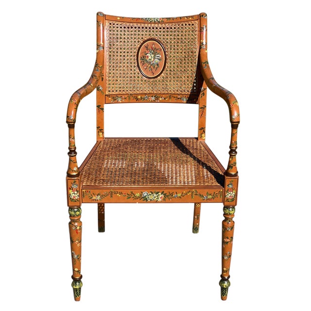Brown Late 20th Century English Adam’s Style Painted Cane Armchair For Sale - Image 8 of 16