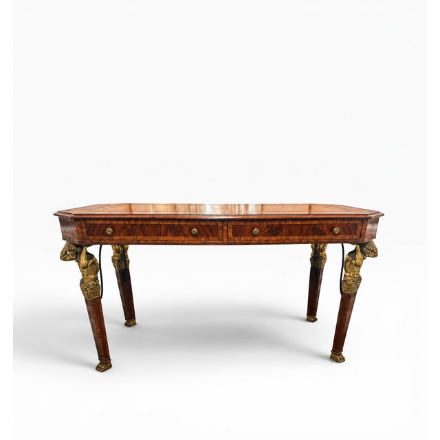 Vintage Maitland-Smith Neoclassical Tooled Leather & Brass Figural Writing Desk For Sale In Miami - Image 6 of 15