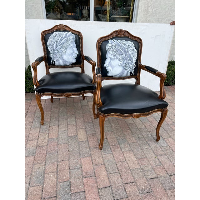 Vintage Italian Luis XV Style Chairs With Fornasetti Style Roman Faces Hand Painted Design - a Pair For Sale - Image 4 of 12
