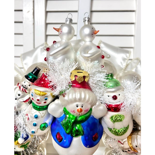 White One-of-a-Kind Christmas Wreath With Vintage Blown Glass Snowman Ornaments For Sale - Image 8 of 11