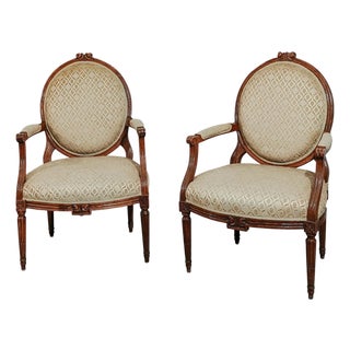 Mid 19th Century Pair of French Louis XVI Style Walnut Fauteuils Chairs For Sale