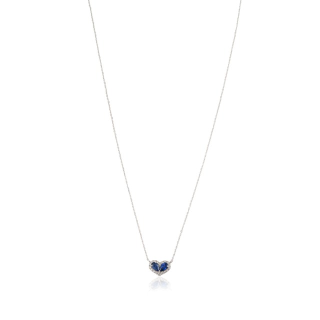 Metal Natural Twin Sapphire and Diamond Heart Necklace in 14k White Gold For Sale - Image 7 of 15