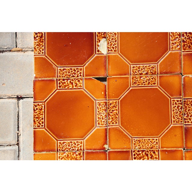 1910s Portuguese Art Deco Glazed Tiles Set of 30 Large Amber Brown Geometric Antique For Sale - Image 4 of 18