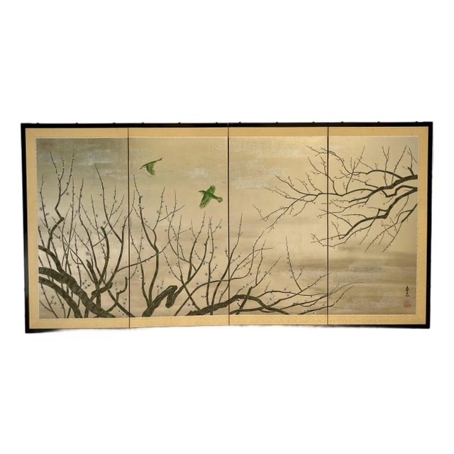Japanese Showa 4-Panel Folding Screen With Blossoms and Songbirds on Goldleaf Background For Sale