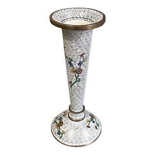 Small Early 20th Century White Chinoiserie Flower Vase With Floral Motif and Brass Accents For Sale