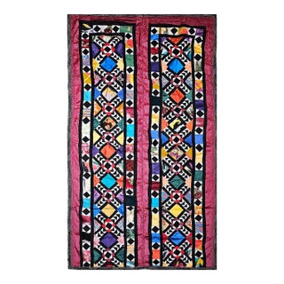 Vintage Uzbek Quilt, Hand-Stitched Silk, Geometric Pattern, Red & Turquoise, 39” X 73” For Sale