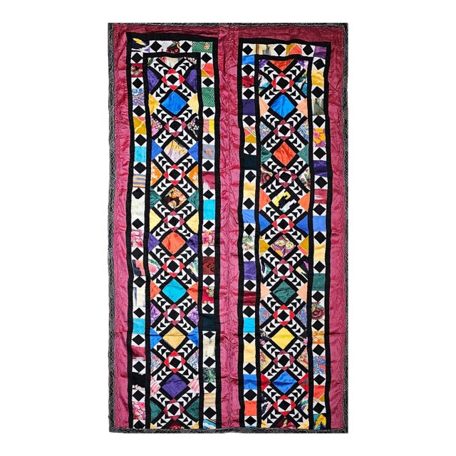 Vintage Uzbek Quilt, Hand-Stitched Silk, Geometric Pattern, Red & Turquoise, 39” X 73” For Sale