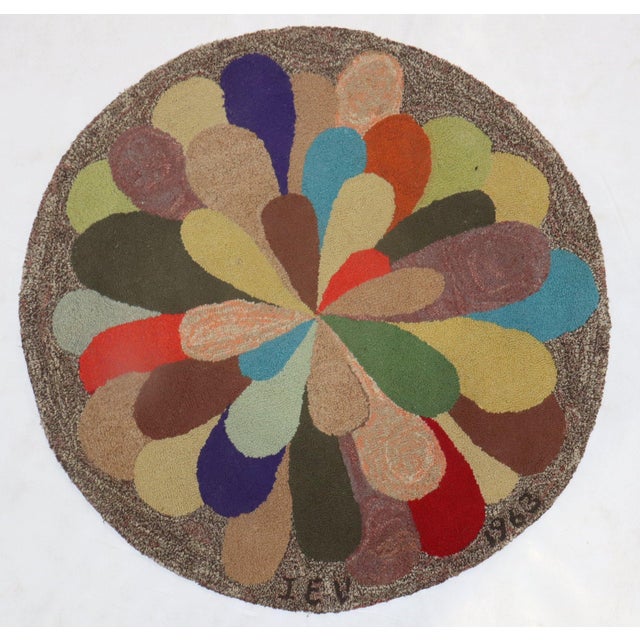 Textile Round American Hooked Rug Dated 1963 For Sale - Image 7 of 18