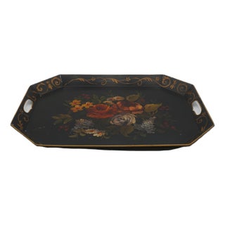 Vintage Toleware Black & Gold Serving Tray For Sale