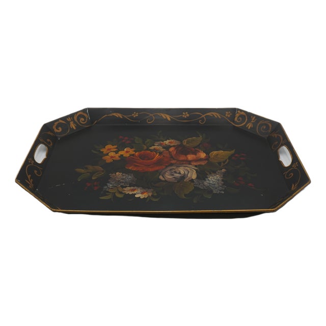 Vintage Toleware Black & Gold Serving Tray For Sale