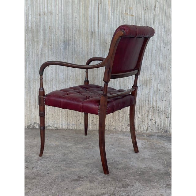 Set of Ten Restored Early 20th Century Chesterfield Hardwood Red Leather Dining Armchairs For Sale - Image 4 of 18