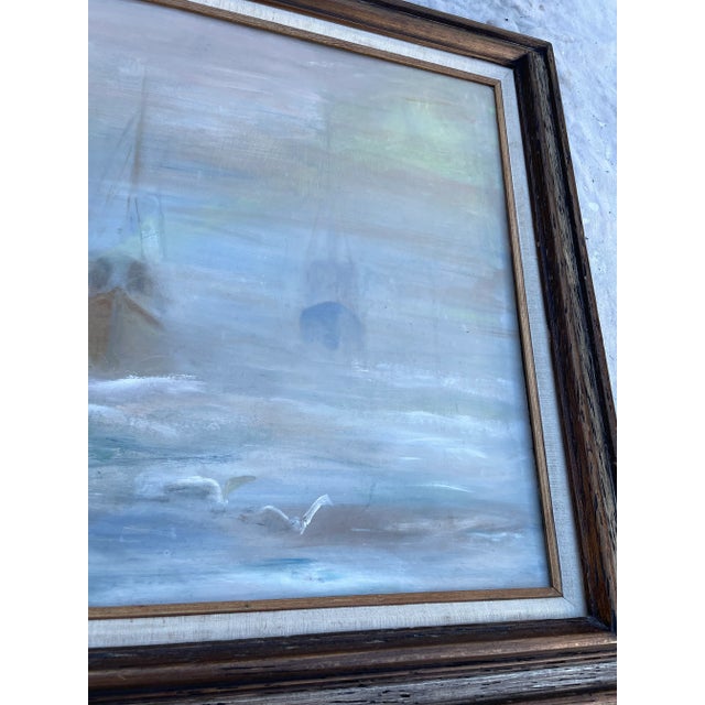 Nautical Seascape Fishing Boats Framed Vintage Oil on Board For Sale - Image 9 of 9