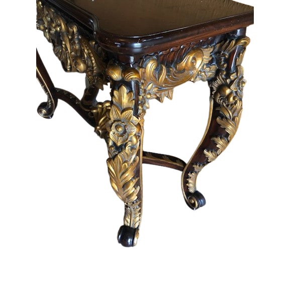 This Italian Gold Filigree Console Table features a Baroque/Rococo style with intricate carvings and a curved square...
