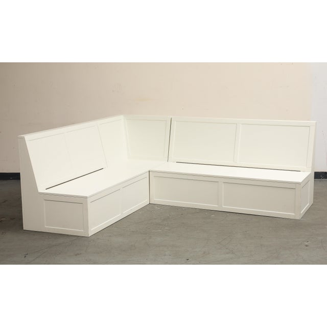 L-Shaped White Wood Corner Storage Banquette With Custom Cushions ...