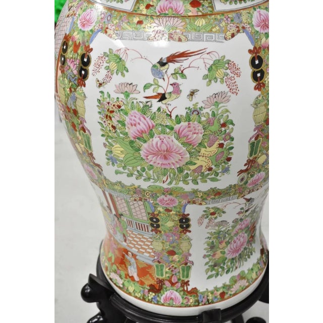 White Vintage Chinese Famille Rose Porcelain Urn Lidded Temple Jar Vase on Base For Sale - Image 8 of 12
