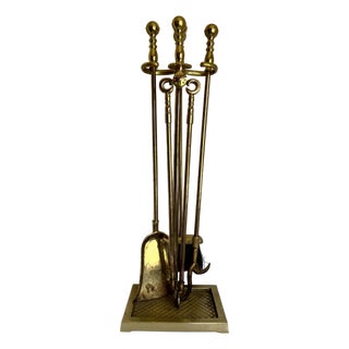 Vintage Brass Five-Piece Fireplace Tool Set With Ball Finial Handles For Sale