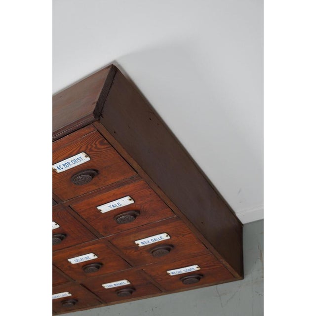 Large Belgian Pitch Pine Apothecary Cabinet with Enamel Shields, 1900s For Sale - Image 6 of 18