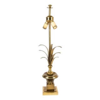 Hollywood Regency Brass Palm Leaf Table Lamp with Dual Socket and Square Plinth Base, Europe, 1960s For Sale