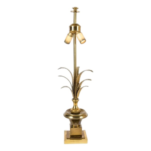 Hollywood Regency Brass Palm Leaf Table Lamp with Dual Socket and Square Plinth Base, Europe, 1960s For Sale