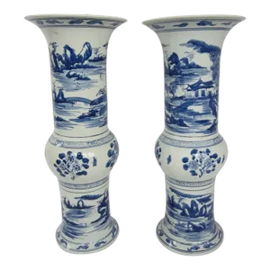 Mid 20th Century Pair of Large Blue and White Chinese Trumpet Vases