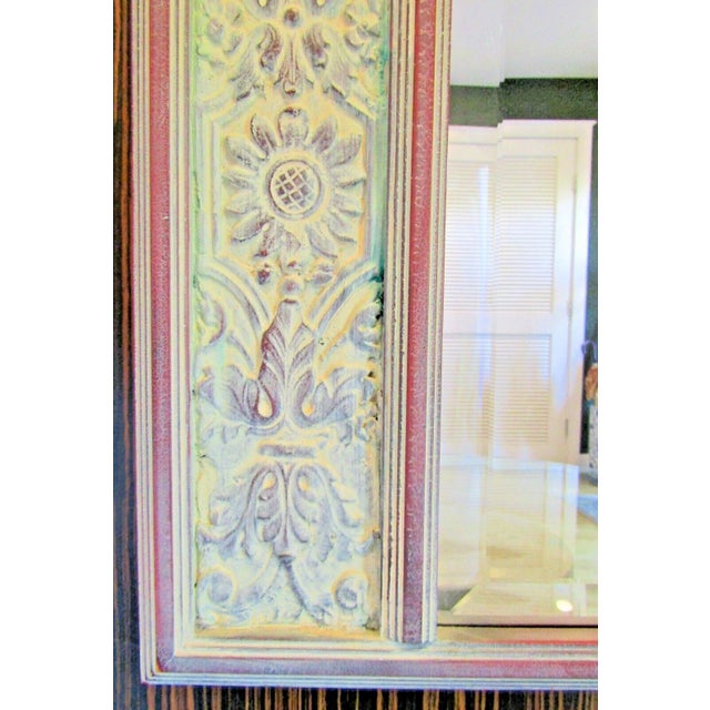 1990s Antique French Trumeau Large Wall Mirror Pale Green Painted With Red Trim For Sale - Image 5 of 8