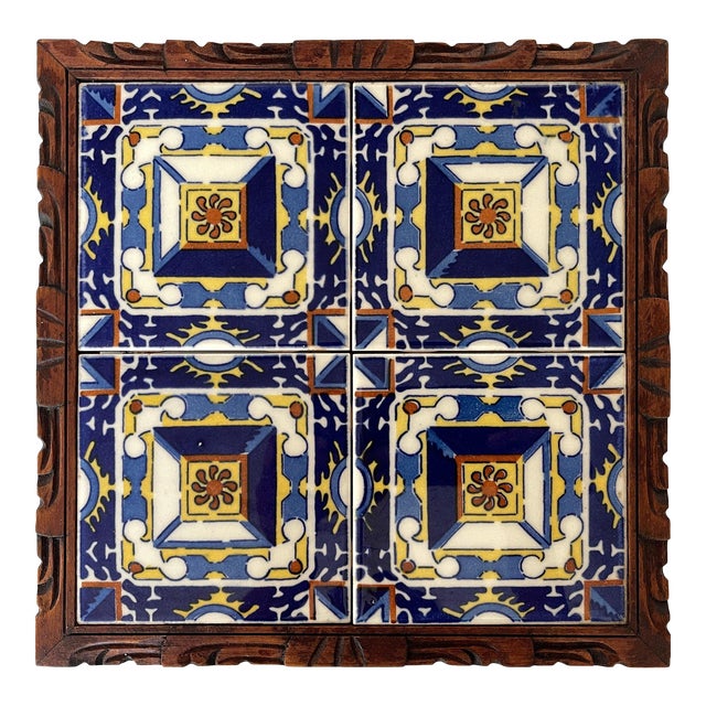 1950s Mexican Hand Carved Wood Frame Base Tile Trivet For Sale