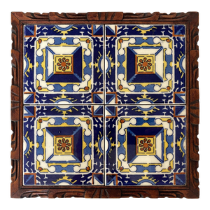 1950s Mexican Hand Carved Wood Frame Base Tile Trivet