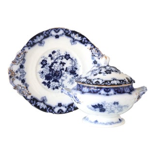 English Flow Blue Sauce Tureen w/Tray For Sale