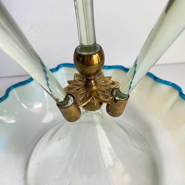 Transparent Victorian Epergne Blue Vaseline Glass Antique Ruffle Art Glass Vase For Sale - Image 8 of 12