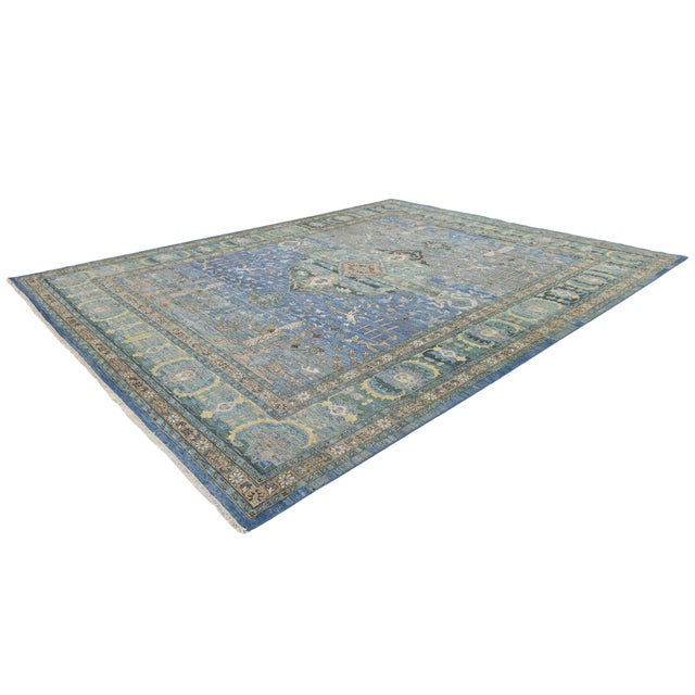 Modern Tabriz Style Medallion Wool Area Rug – Vibrant Blue, Sage Green & Yellow For Sale In New York - Image 6 of 12