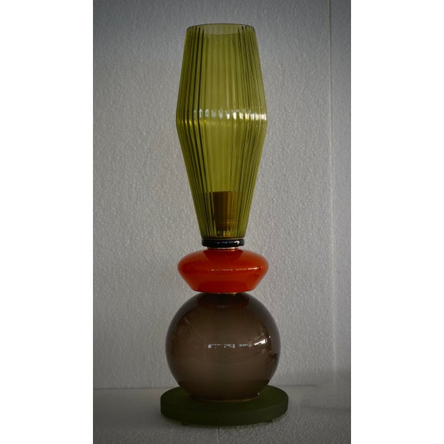 Mid-Century Round Orange and Green Murano Art Glass and Brass Table Lamp, 2000s For Sale - Image 4 of 9