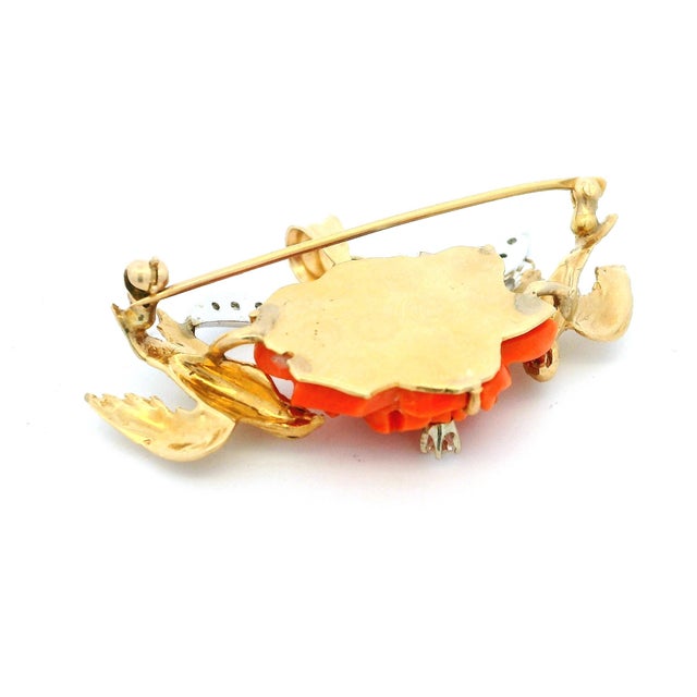Orange Vintage Italian 18k Gold Platinum Diamond Sardinian Coral Rose Dove Brooch Pendant For Sale - Image 8 of 9