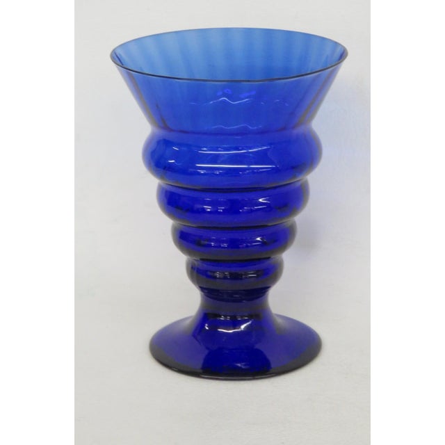 Cobalt Blue Ribbed Glass Goblet Vase Vessel With Flared Rim Art Deco Style 4878b For Sale - Image 4 of 8