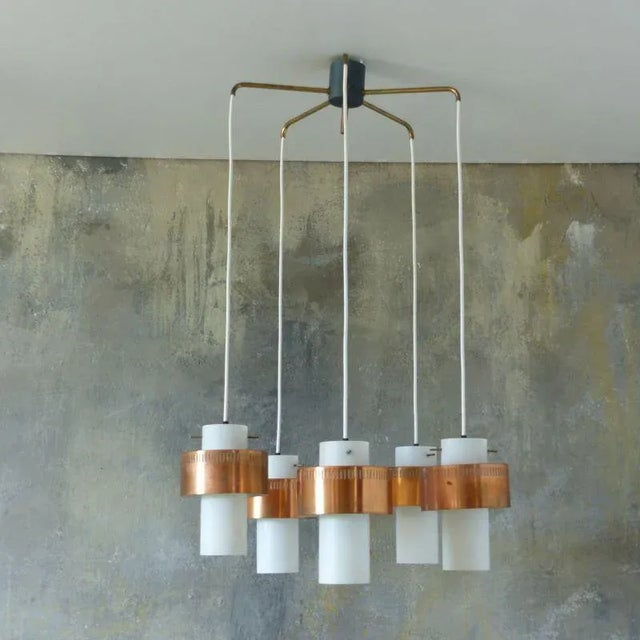 Mid-Century Scandinavian Copper and Opaline Glass Ceiling Lamp For Sale - Image 4 of 13