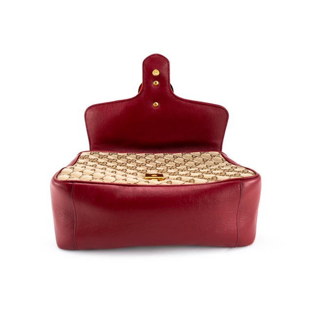 Animal Skin Gucci Gg Marmont Mini Beige Gg Canvas Red Leather Top Handle Bag For Sale - Image 7 of 13