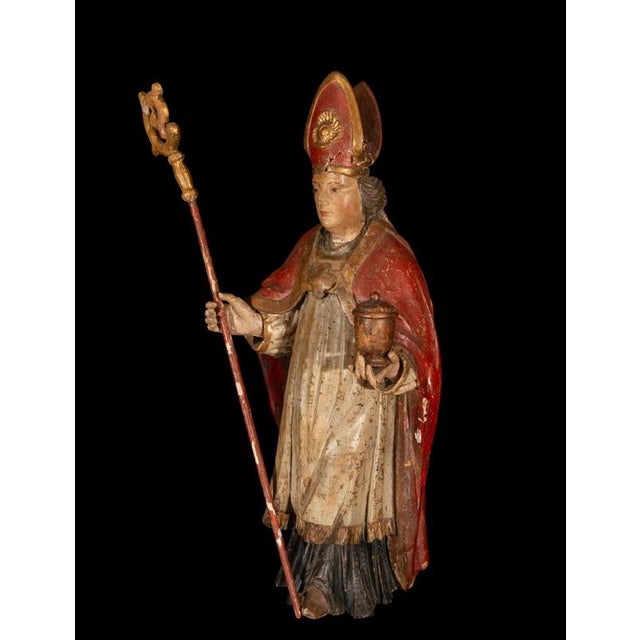 Baroque Spanish Baroque Artist, Carved Statue of Saint Bishop, Traditionally Saint Rupert, 1750, Wood For Sale - Image 3 of 10