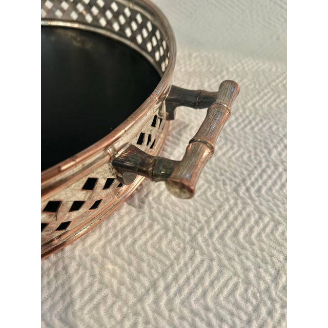 Metal Vintage Silver-Plated Over Copper Chinoiserie Faux Bamboo Woven Gallery Tray For Sale - Image 7 of 10
