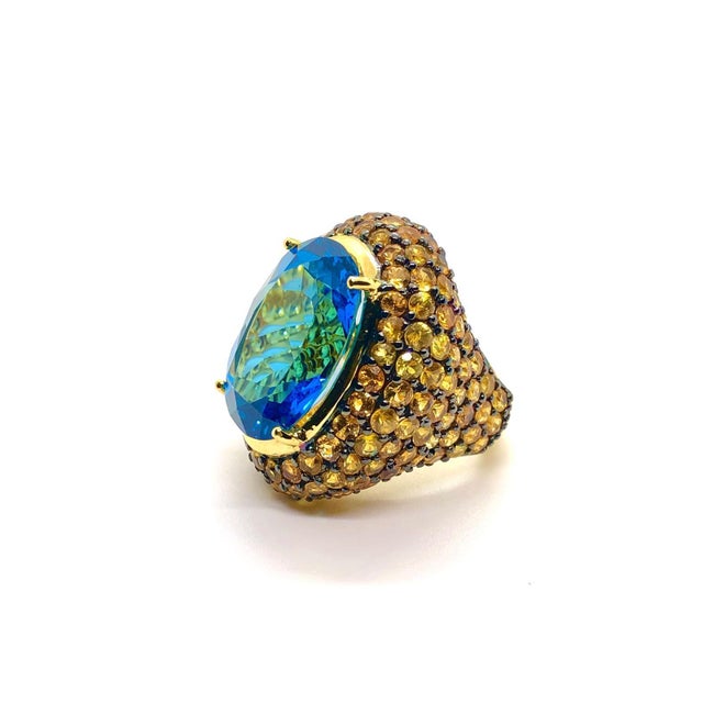 Blue Bochic “Orient” Vintage Yellow Sapphire & Blue Topaz Ring Set 18 K Gold & Silver For Sale - Image 8 of 14